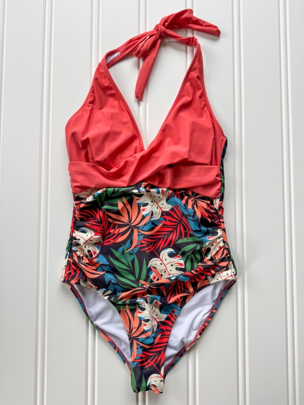 Tropical V-Neck Halter Strap One Piece Swimsuit with Removable Padding